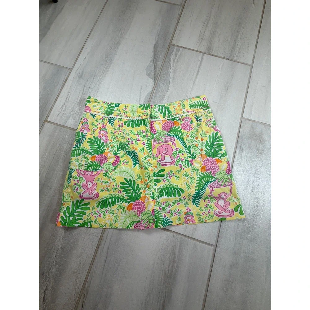 Lilly Pulitzer Yellow Pink Elephant Monkey Jungle Print Lace Trim Skort Size 8